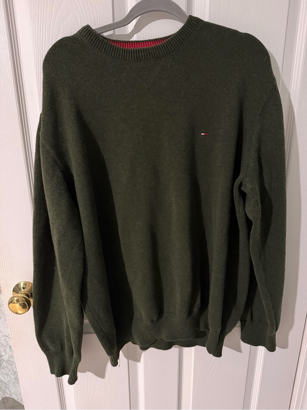 Tommy Hilfiger Olive Green Crewneck Sweater with Red Trim